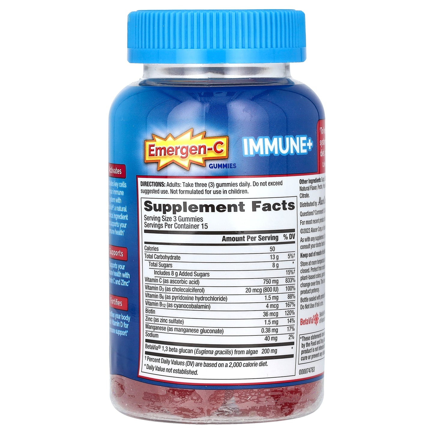 Emergen-C, Immune+ Vitamin C + Vitamin D with  Zinc Gummies, Raspberry, 45 Gummies