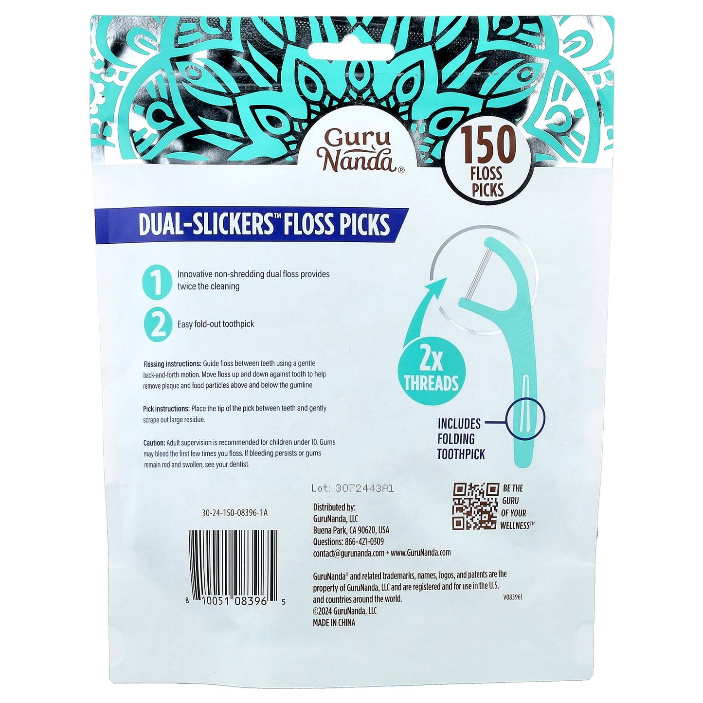 GuruNanda, Dual-Slickers™ Floss Picks, 150 Floss Picks