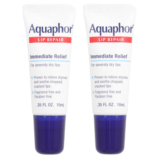 Aquaphor, Lip Repair, Immediate Relief, Fragrance Free, 2 Tubes, 0.35 fl oz (10 ml) Each