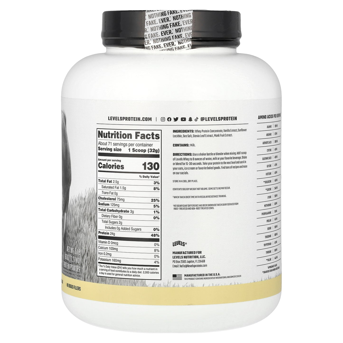 Levels, Grass Fed Whey Protein Powder, Vanilla Bean, 5 lb (2.27 kg)