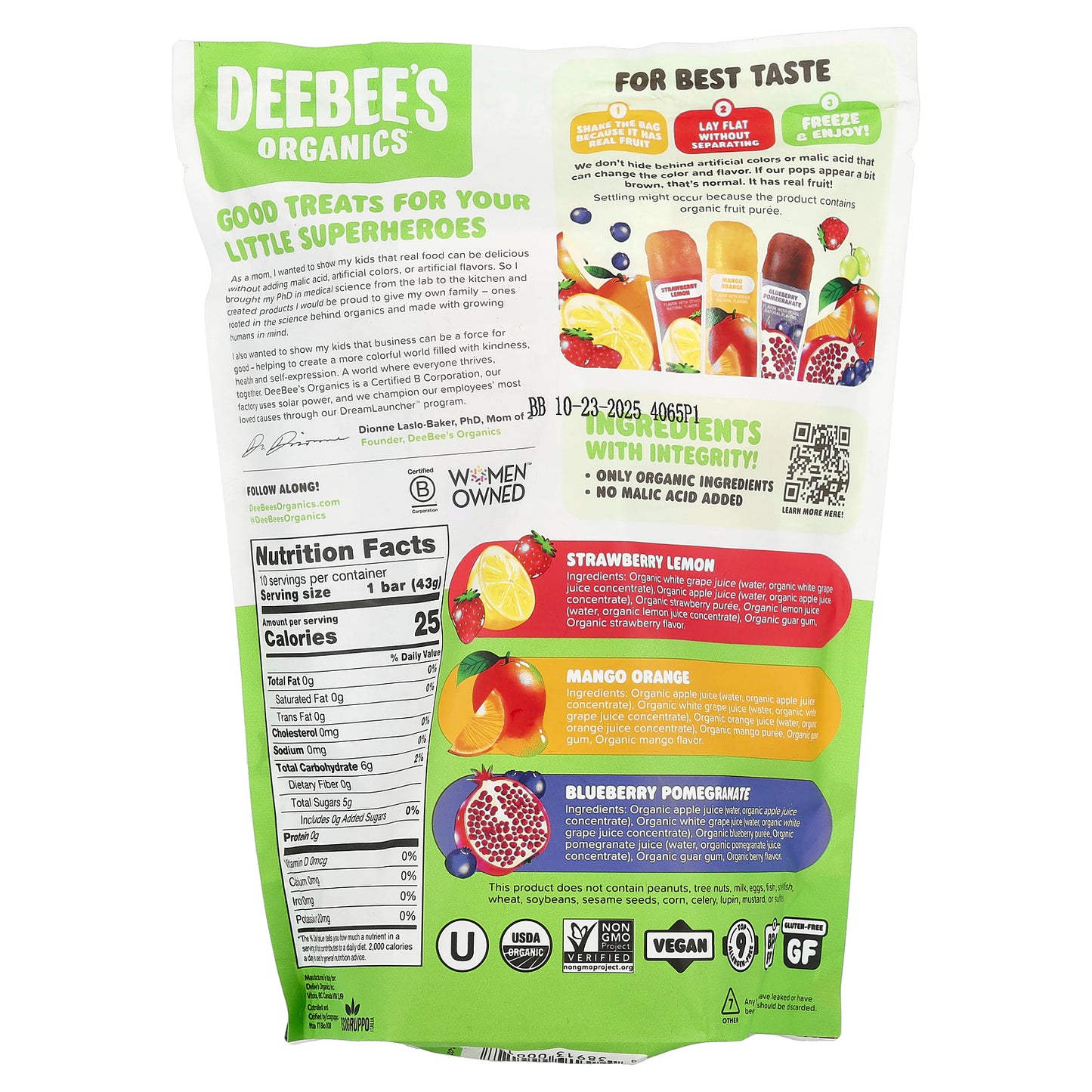 Deebee's Organic, Superfruit™ Organic Freezie Pops, Assorted Flavors, 10 Bars, 1.35 fl oz (40 ml) Each