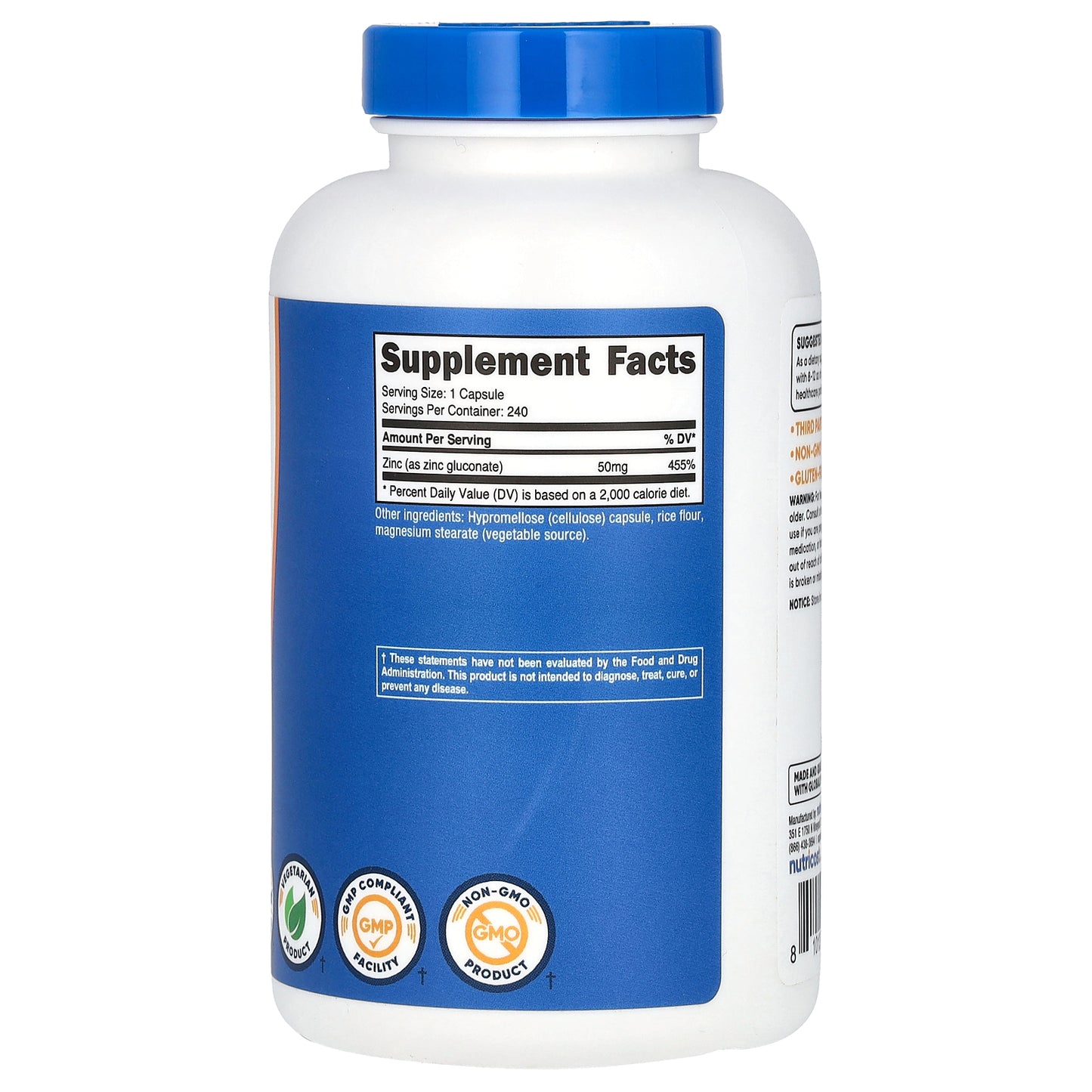 Nutricost, Zinc Gluconate, 50 mg, 240 Capsules