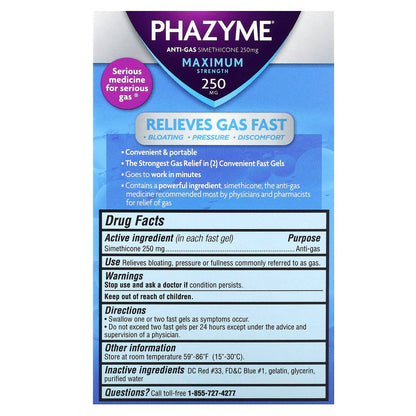 Phazyme, Anti-Gas, Maximum Strength, 250 mg, 36 Fast Gels