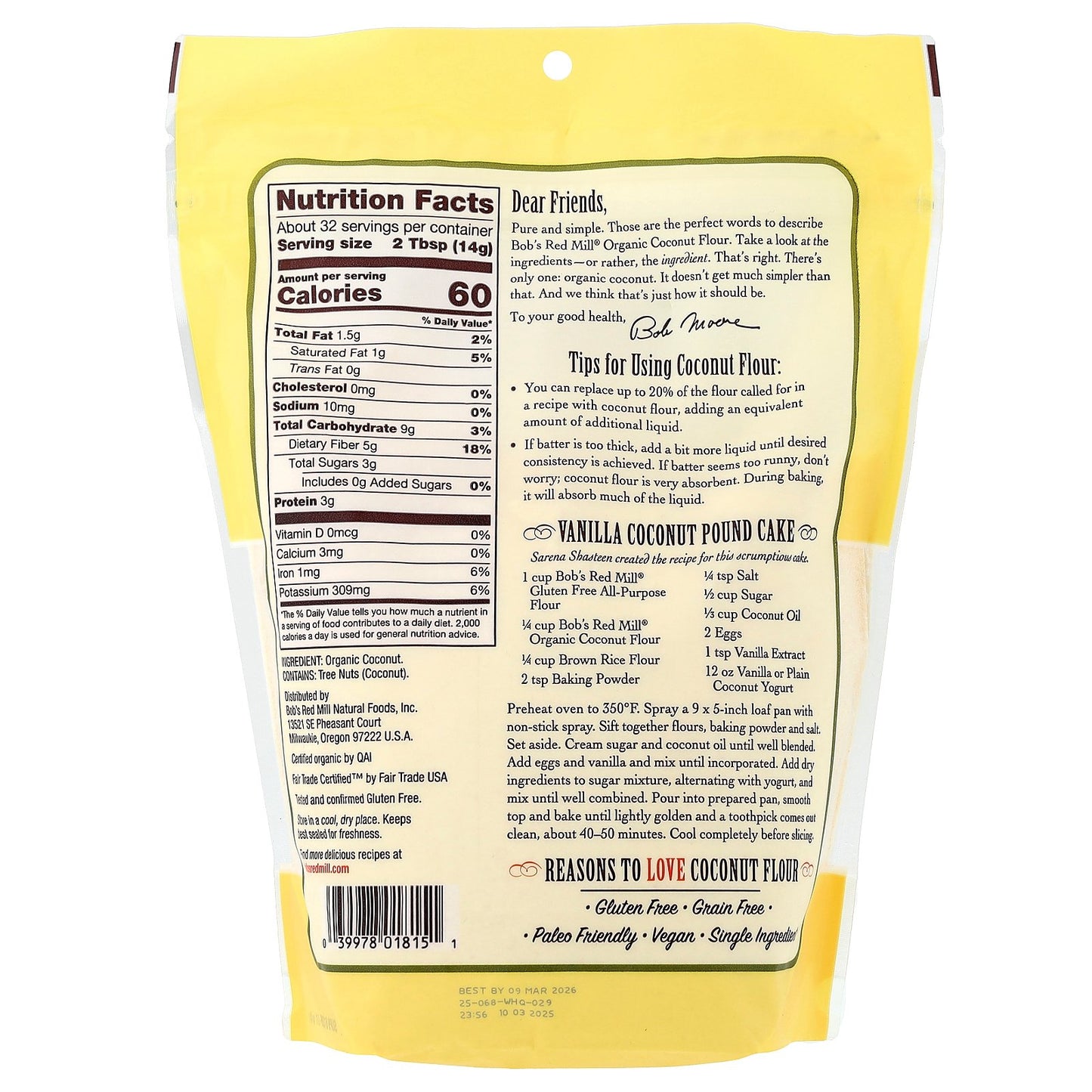 Bob's Red Mill, Organic Coconut Flour, Gluten Free, 16 oz (453 g)