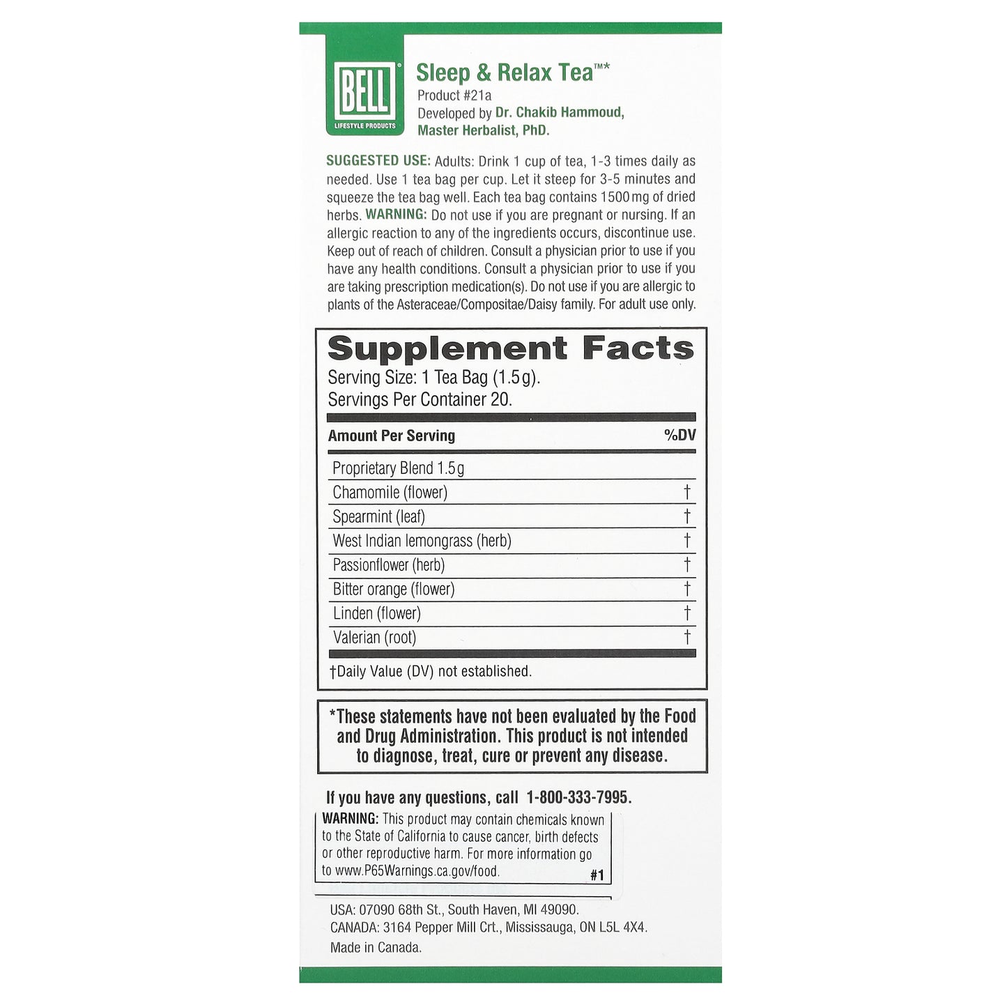 Bell Lifestyle, Sleep & Relax Tea™, 20 Tea Bags, 30 g