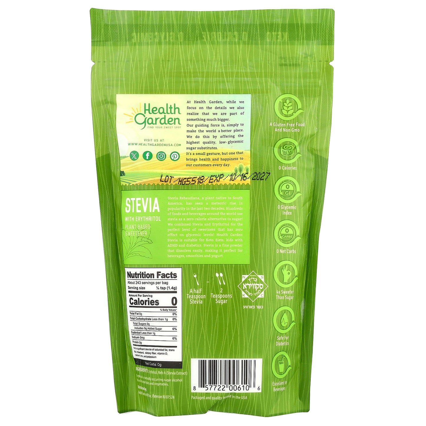 Health Garden, Stevia With Erythritol, 12 oz (341 g)