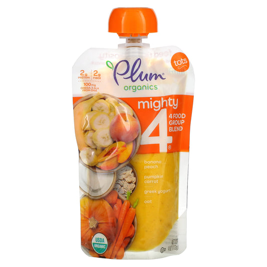 Plum Organics, Tots, Mighty 4®, 4 Food Group Blend, Banana, Peach, Pumpkin, Carrot, Greek Yogurt, Oat, 4 oz (113 g)