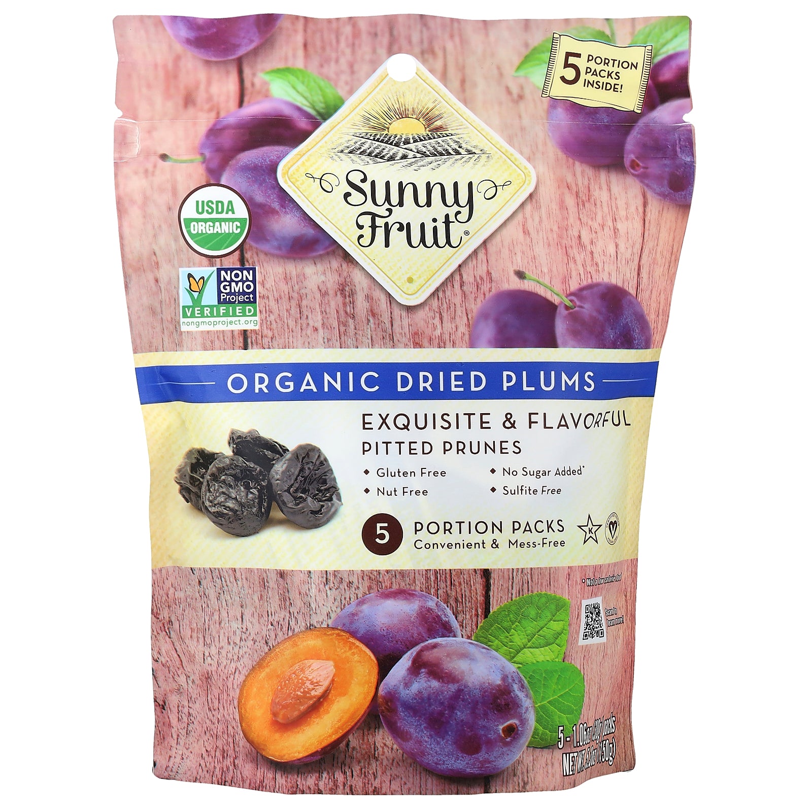 Sunny Fruit, Organic Dried Plums,  5 Portion Packs, 1.06 oz (30 g) Each