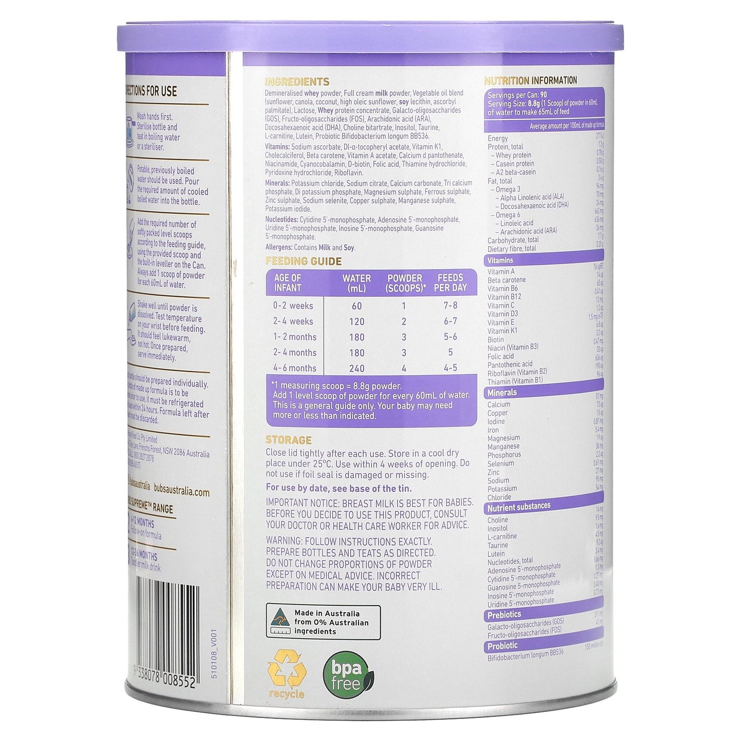 Aussie Bubs, Supreme Infant Formula, 0-6 Months, 800 g