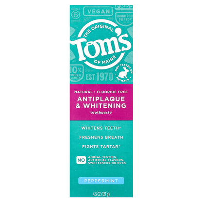 Tom's of Maine, Antiplaque & Whitening Toothpaste, Fluoride Free, Peppermint, 4.5 oz (127 g)