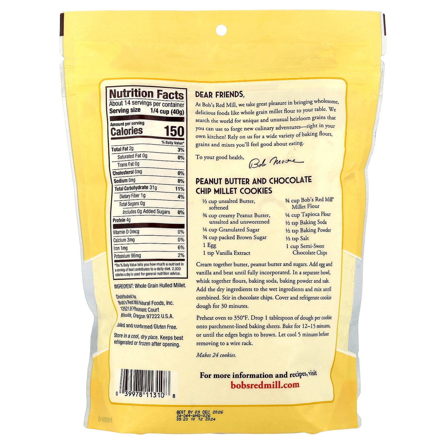 Bob's Red Mill, Stone Ground Millet Flour, Whole Grain, 20 oz (567 g)