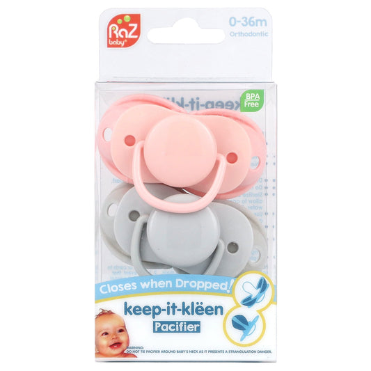 RaZbaby, Keep-It-Kleen Pacifier, 0-36m, Pink & Gray, 2 Pacifiers