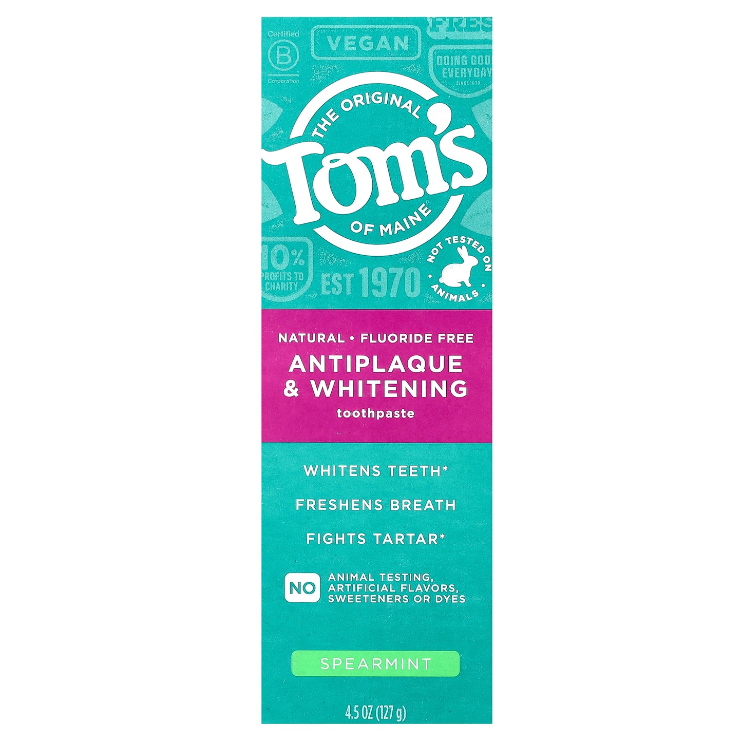 Tom's of Maine, Antiplaque & Whitening Toothpaste, Fluoride Free, Spearmint , 4.5 oz (127 g)