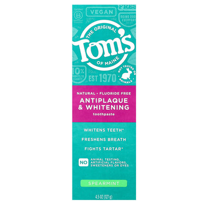 Tom's of Maine, Antiplaque & Whitening Toothpaste, Fluoride Free, Spearmint , 4.5 oz (127 g)