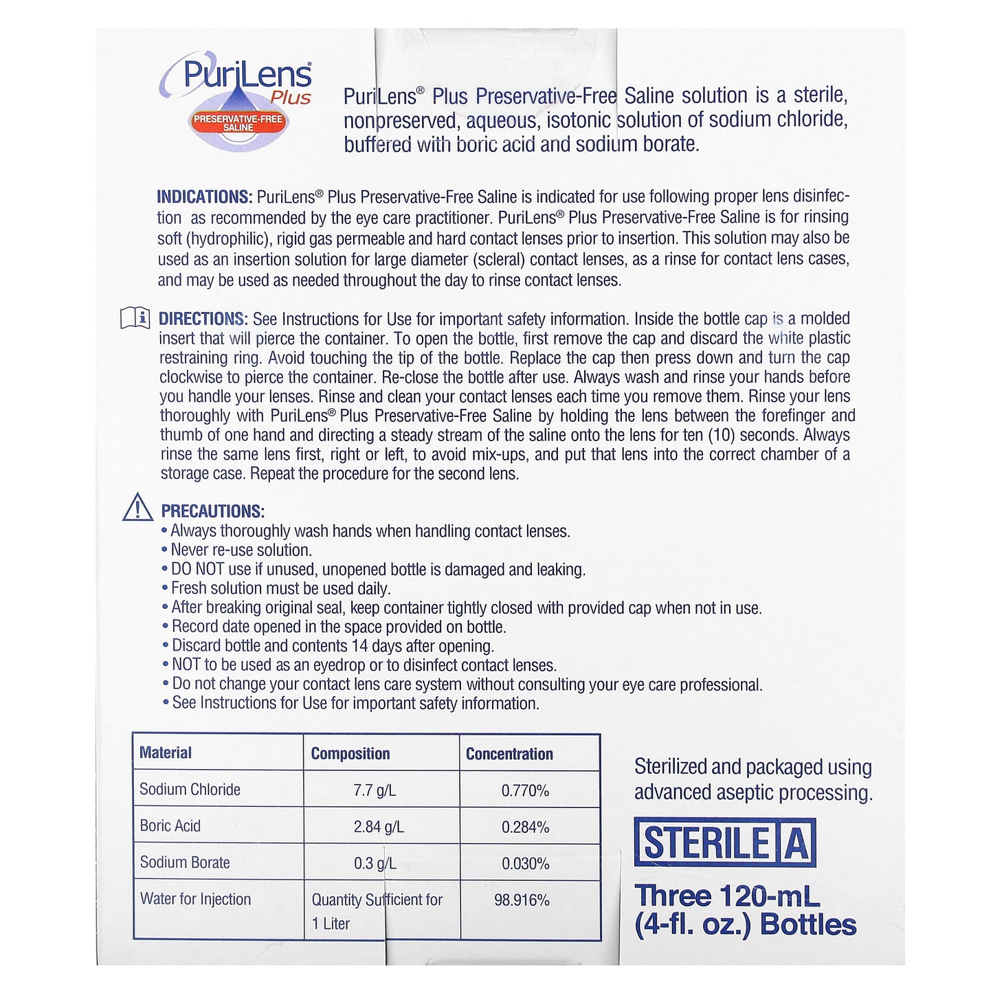 Purilens, Plus Preservative-Free Saline, 3 Bottles, 4 fl oz (120 ml) Each