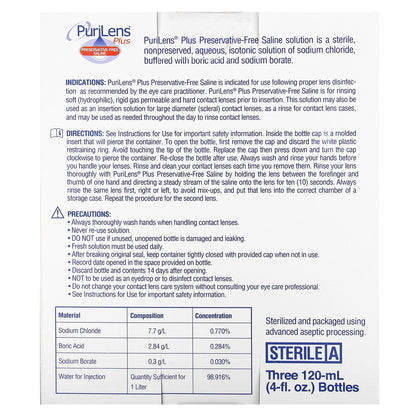 Purilens, Plus Preservative-Free Saline, 3 Bottles, 4 fl oz (120 ml) Each