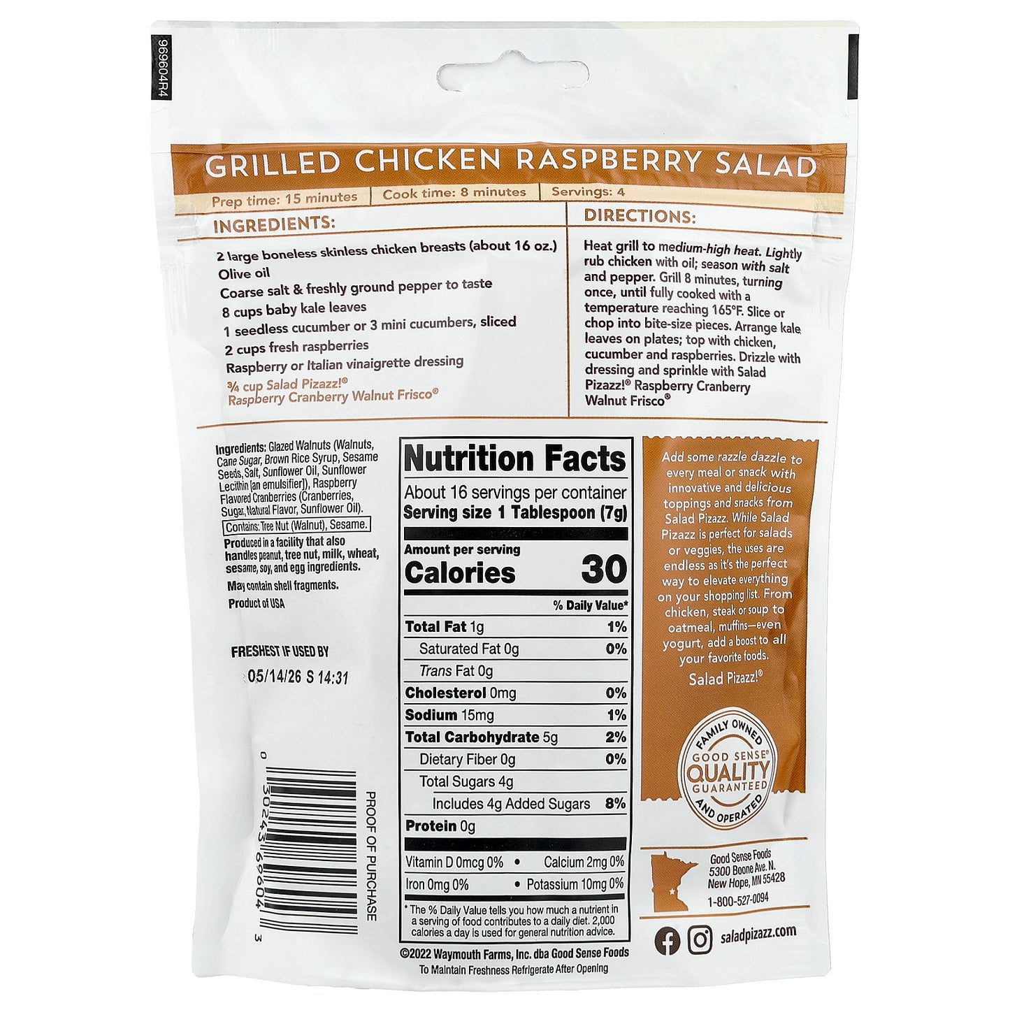 Salad Pizazz!, Fruit & Nut Toppings, Raspberry Cranberry Walnut Frisco®, 4 oz (113 g)