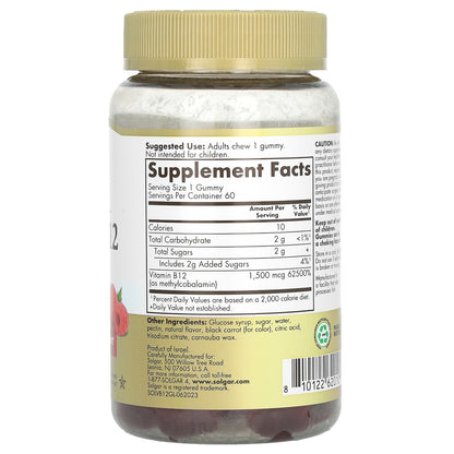 Solgar, Ultra Potency Vitamin B12 Gummies, Raspberry, 1,500 mcg, 60 Gummies