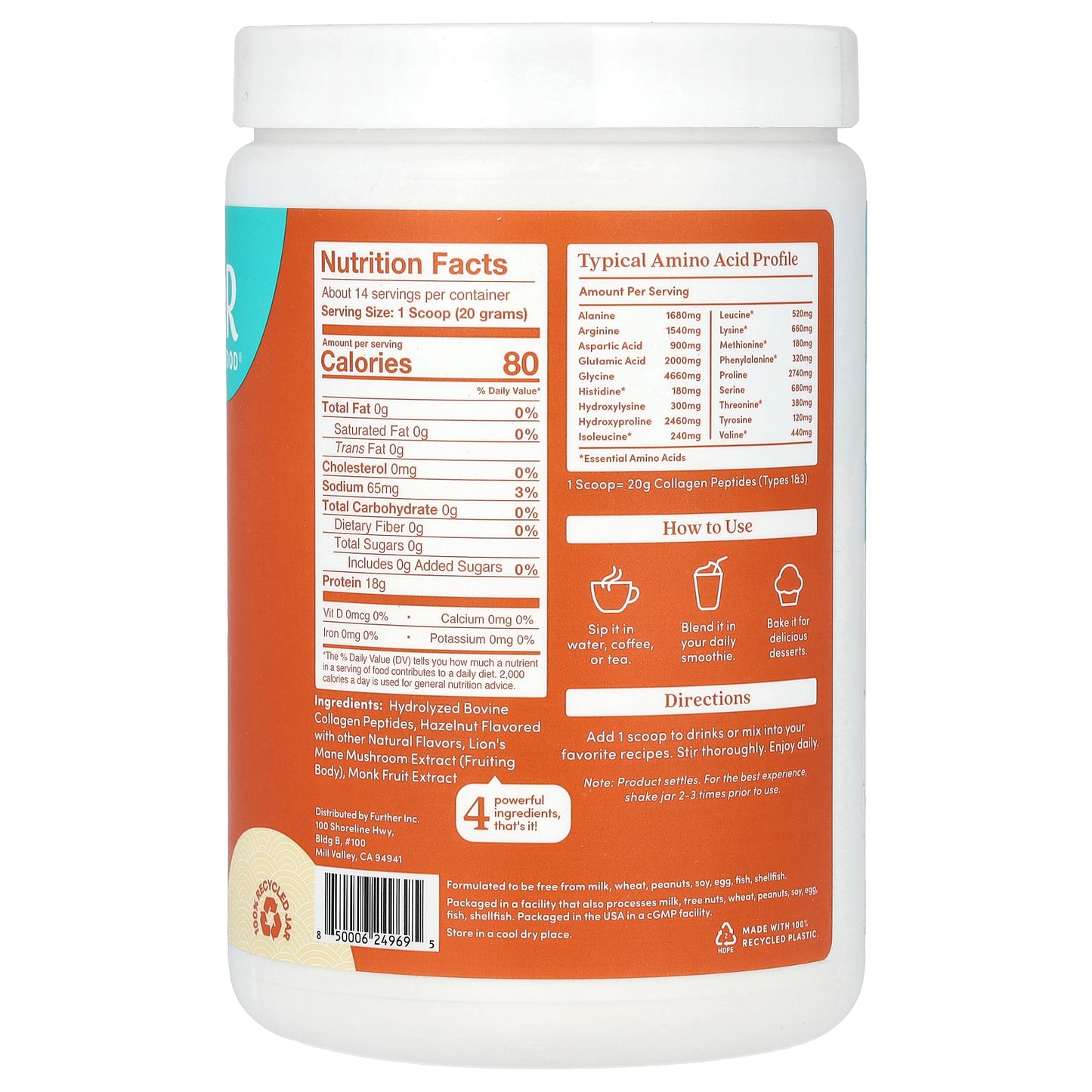 Further Food, Grass-Fed Collagen Peptides + Lion's Mane Mushroom, Hazelnut, 9.88 oz (280 g)