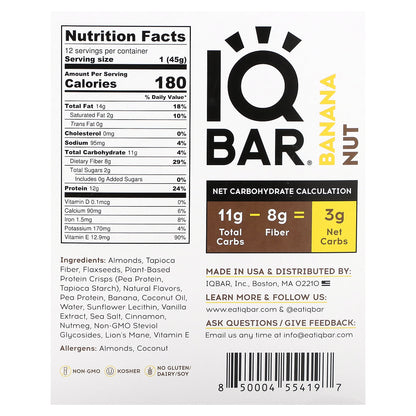 IQBAR, Plant Protein Bar, Banana Nut, 12 Bars, 1.6 oz (45 g) Each