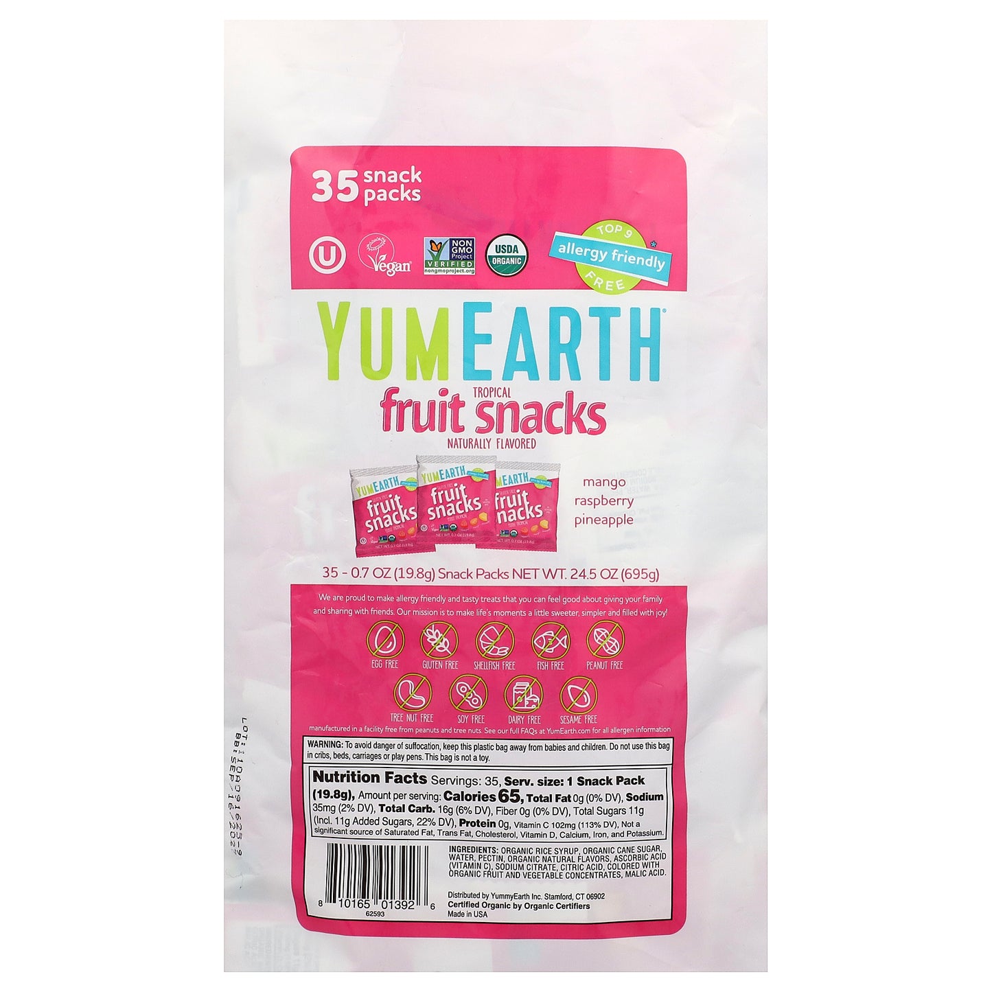 YumEarth, Gluten Free Fruit Snacks, Tropical, 35 Snack Packs, 0.7 oz (19.8 g) Each
