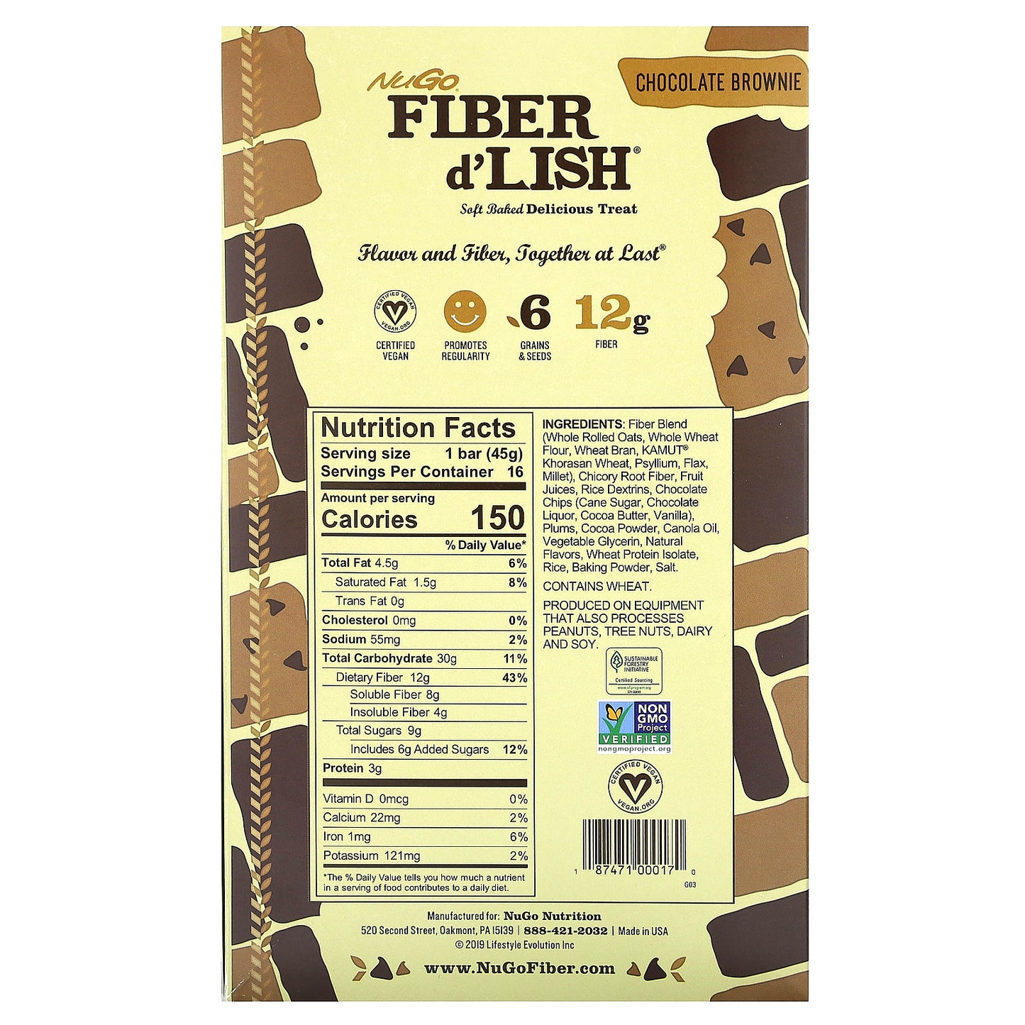 NuGo Nutrition, Fiber d'Lish, Chocolate Brownie, 16 Bars, 1.6 oz (45 g) Each