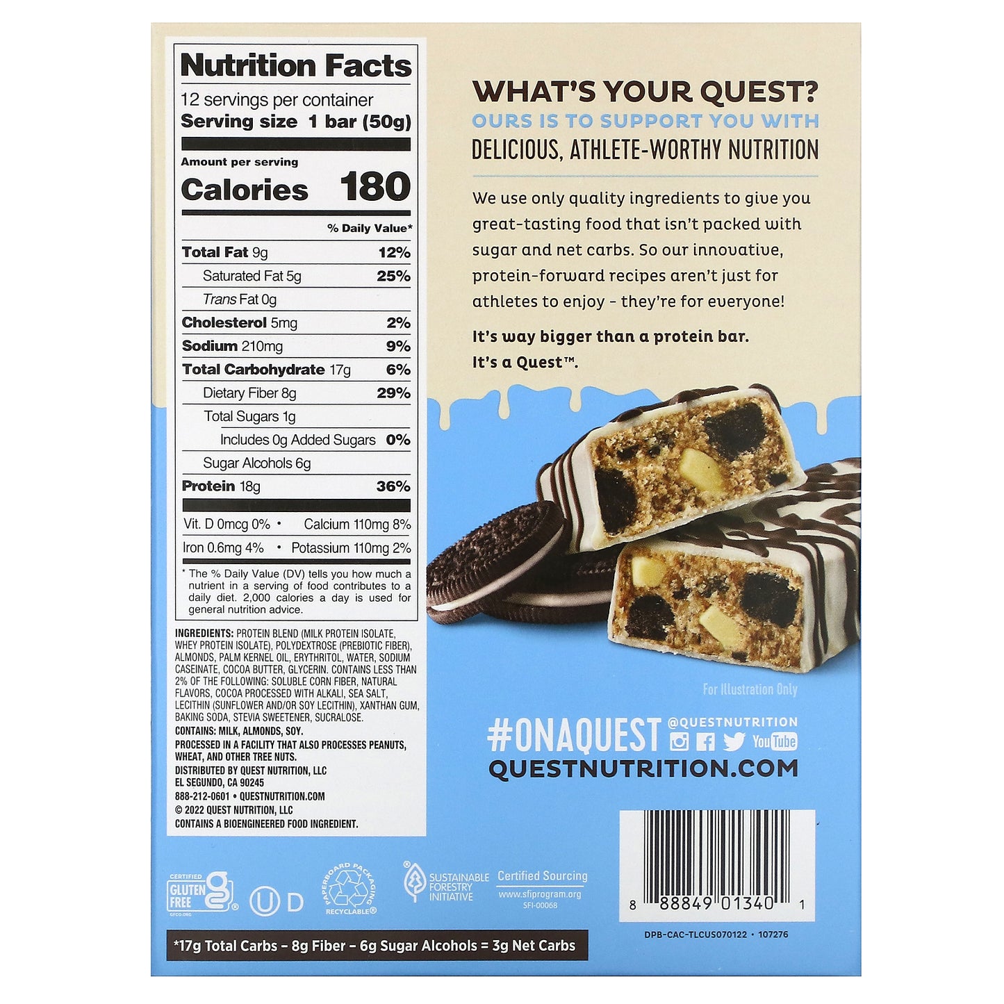 Quest Nutrition, Protein Bar, Dipped Cookies & Cream, 12 Bars, 1.76 oz (50 g) Each