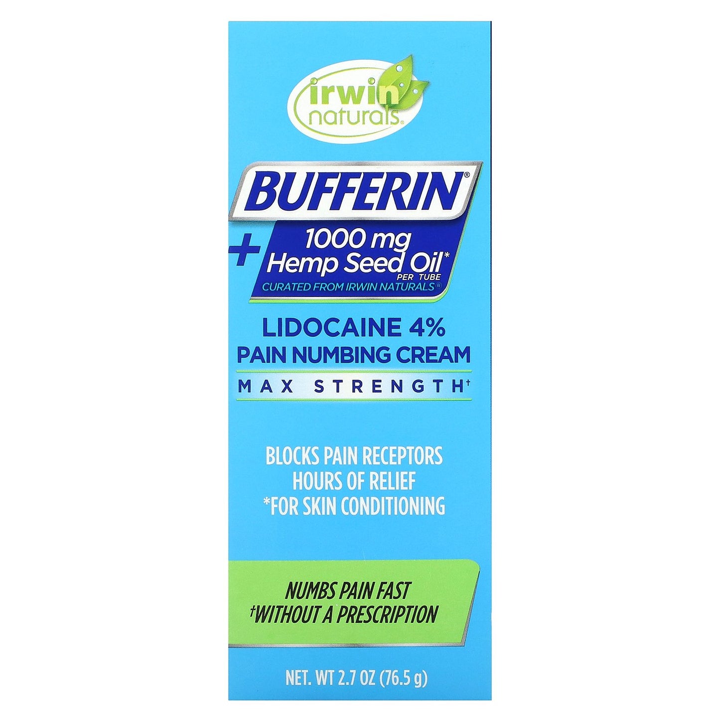 Bufferin, Lidocaine 4% Pain Numbing Cream, Max Strength, 2.7 oz (76.5 g)