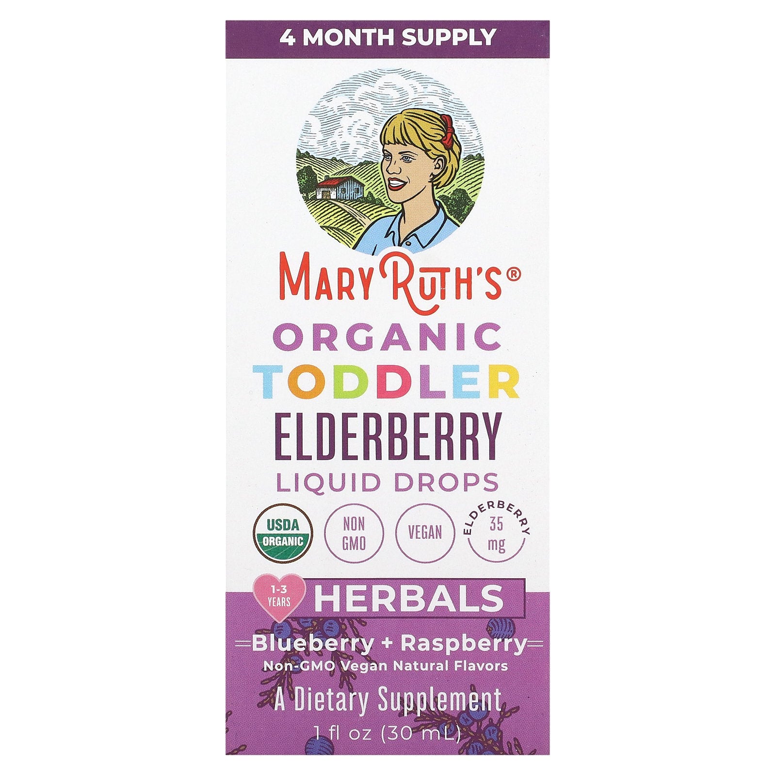 MaryRuth's, Organic Toddler Elderberry Liquid Drops, Blueberry + Raspberry, 35 mg, 1 fl oz (30 ml)