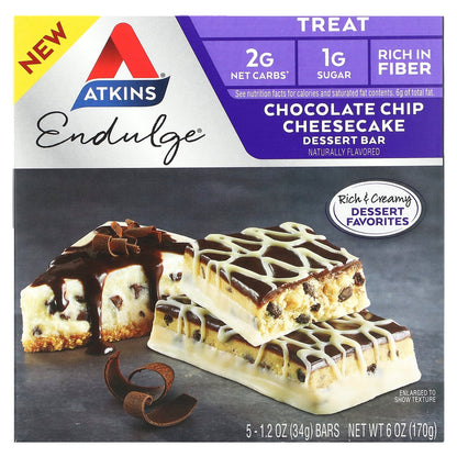 Atkins, Endulge, Dessert Bar, Chocolate Chip Cheesecake, 5 Bars, 1.2 oz (34 g) Each