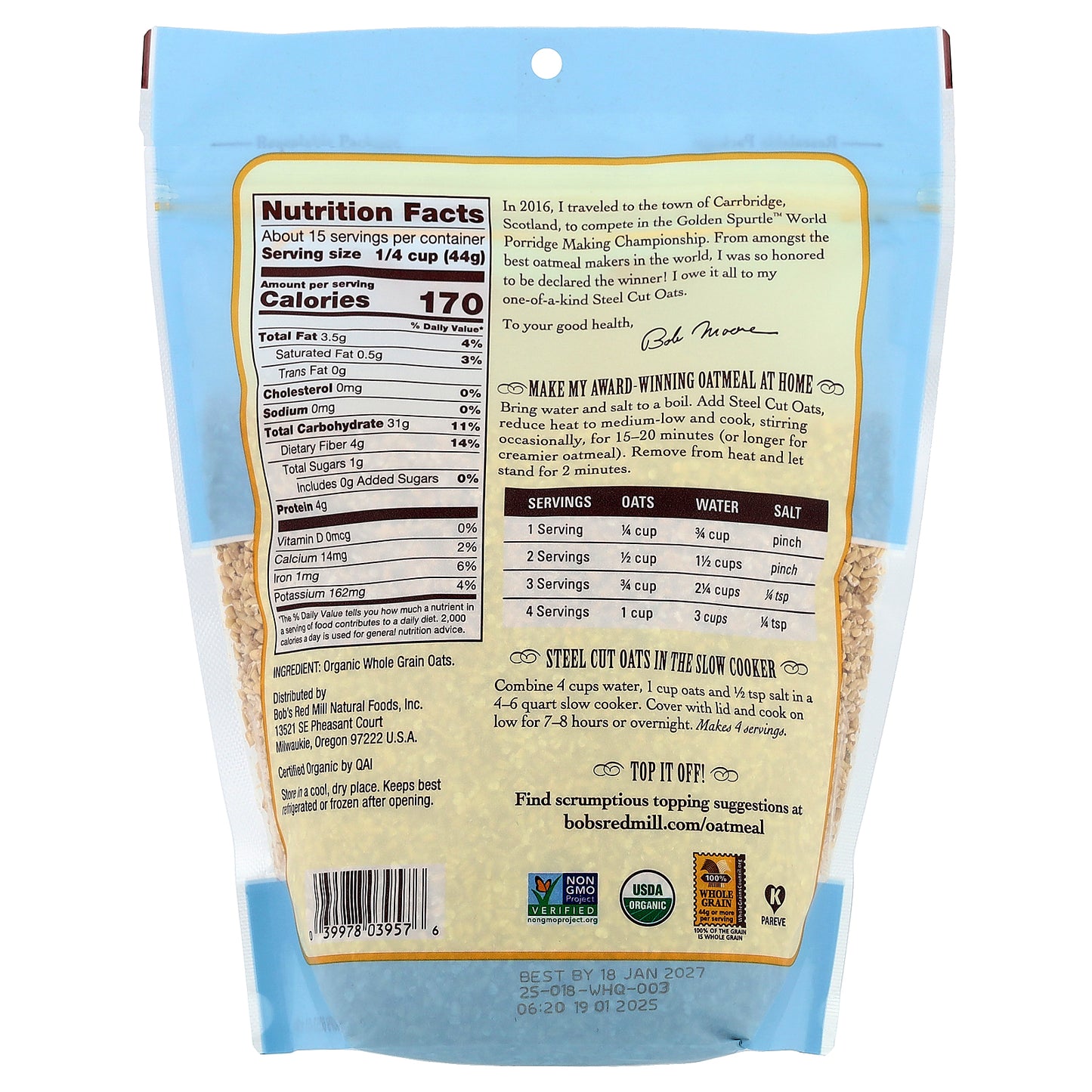 Bob's Red Mill, Organic Steel Cut Oats, Whole Grain, 24 oz (680 g)
