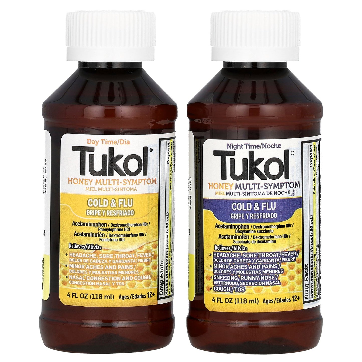 Tukol, Honey. Multi-Symptom Cold & Flu, Day Time & Night Time Value Pack, Ages 12+, Natural Honey, 2 Pack, 4 fl oz (118 ml) Each