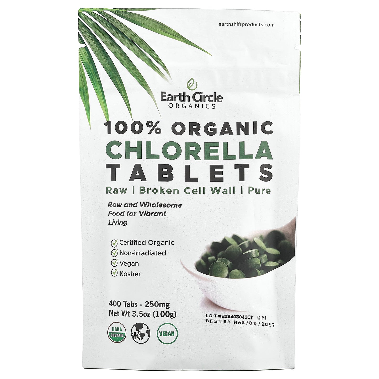 Earth Circle Organics, 100% Organic Chlorella Tablets, 250 mg, 400 Tablets (62 mg Per Tablet)