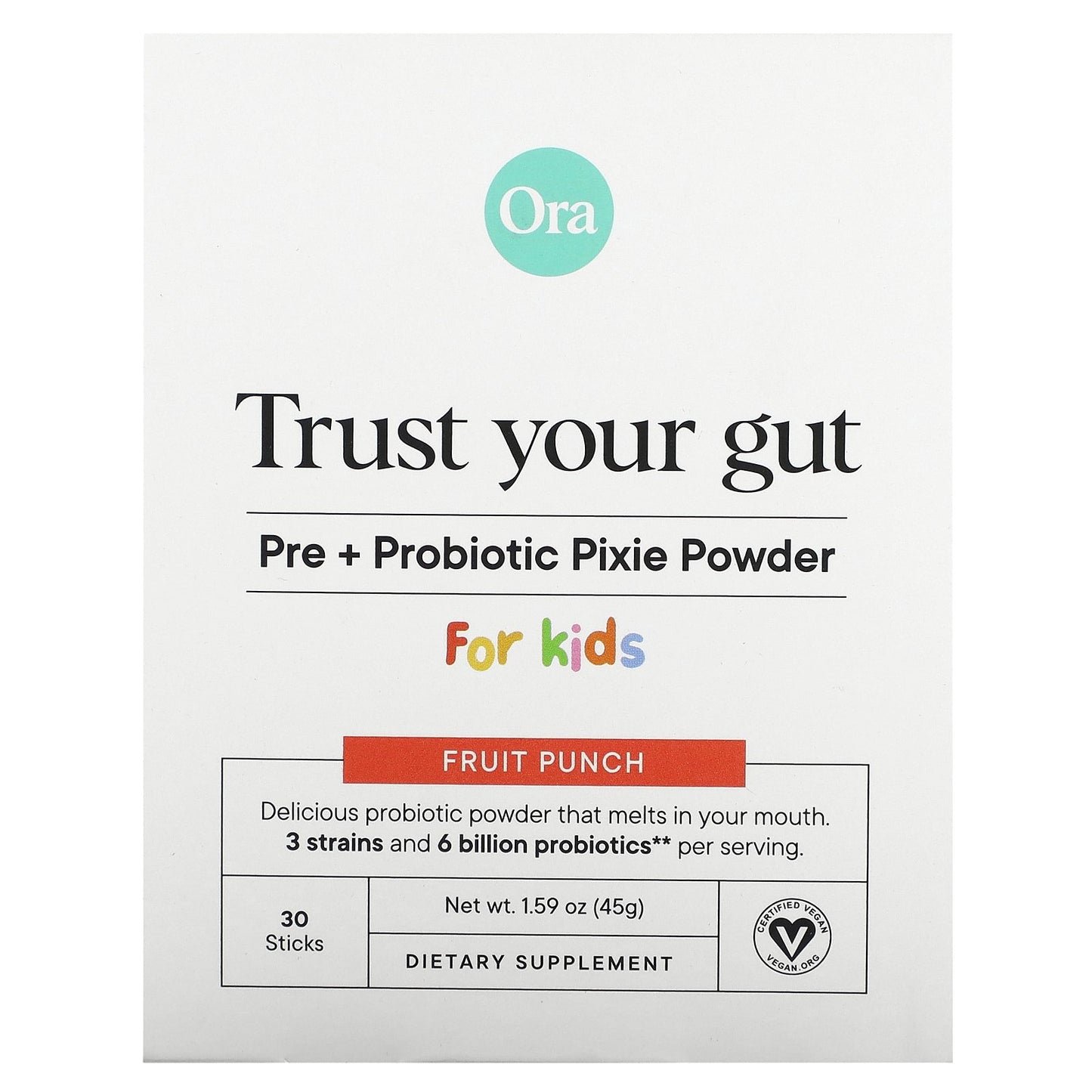 Ora, Trust Your Gut, Pre + Probiotic Pixie Powder, For Kids, Fruit Punch, 6 Billion, 30 Sticks, 0.05 oz (1.5 g) Each