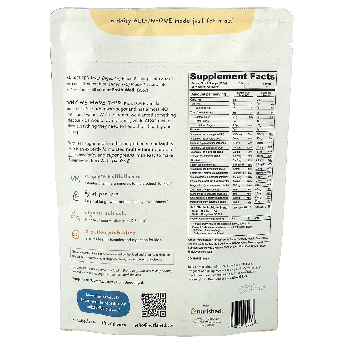 Nurished, Kids, Mighty Milk, Vanilla, 9.14 oz (259 g)