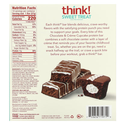 Think !, Sweet Treat, High Protein Bar,  Chocolate & Creme Cupcake, 10 Bars, 2.01 oz (57 g) Each