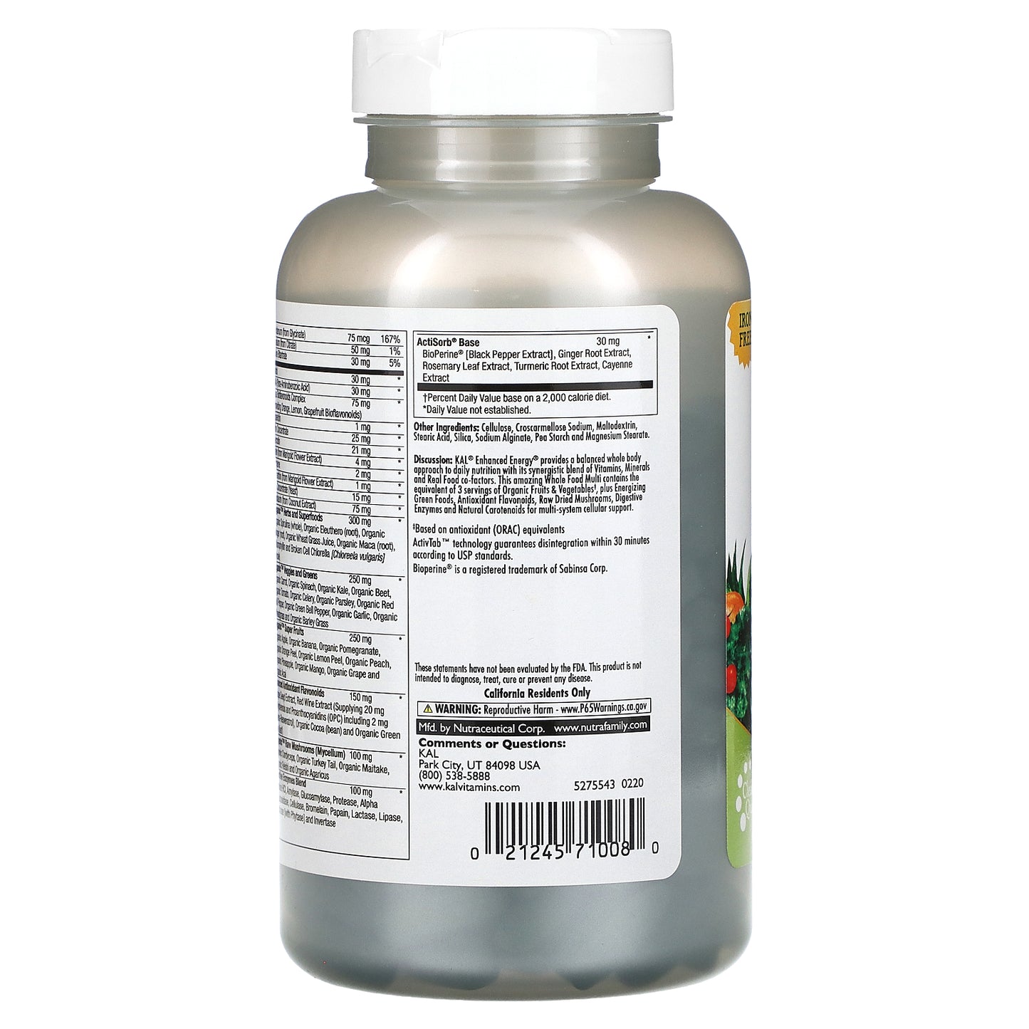 KAL, Enhanced Energy®, Whole Food Multivitamin, Iron Free, 180 VegTabs