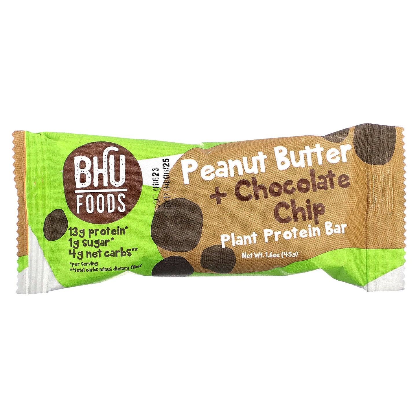 BHU Foods, Vegan Protein Bar, Peanut Butter + Chocolate Chip, 12 Bars, 1.6 oz (45 g) Each