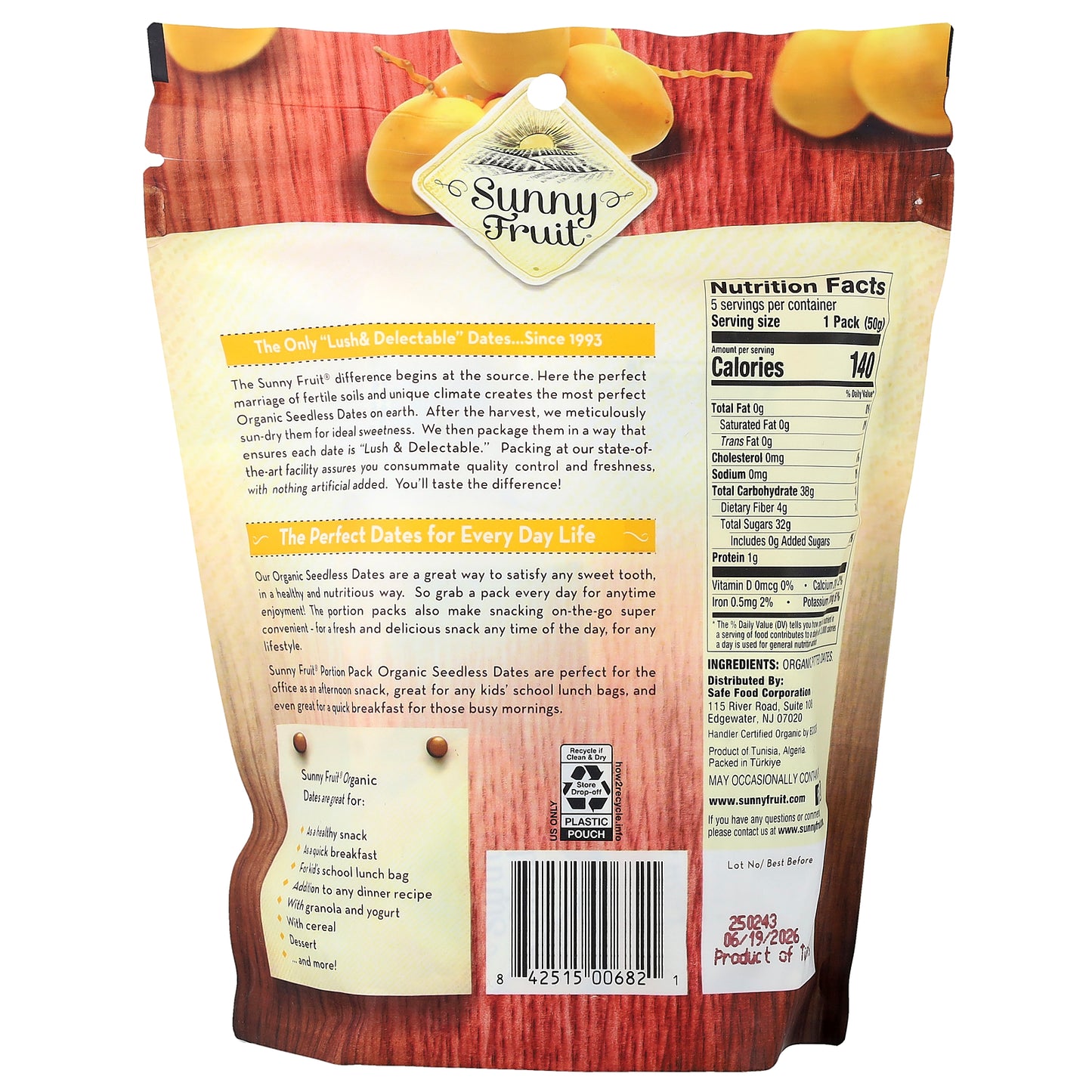 Sunny Fruit, Organic Pitted Dates, 5 Portion Packs, 1.76 oz (50 g) Each