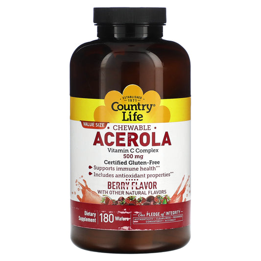 Country Life, Chewable Acerola, Vitamin C Complex, Berry, 500 mg, 180 Wafers