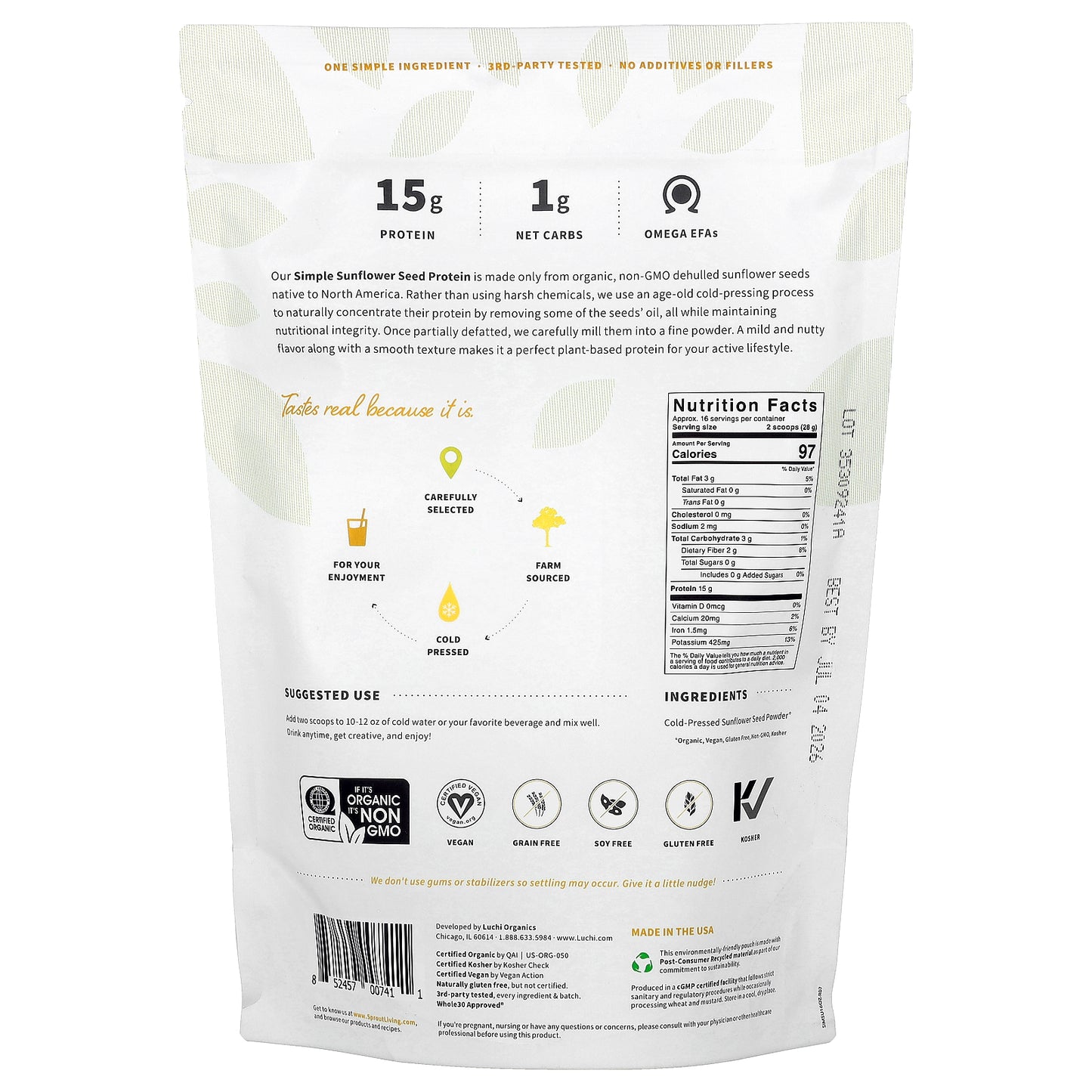 Sprout Living, Simple Sunflower Seed Protein, 1 lb (454 g)