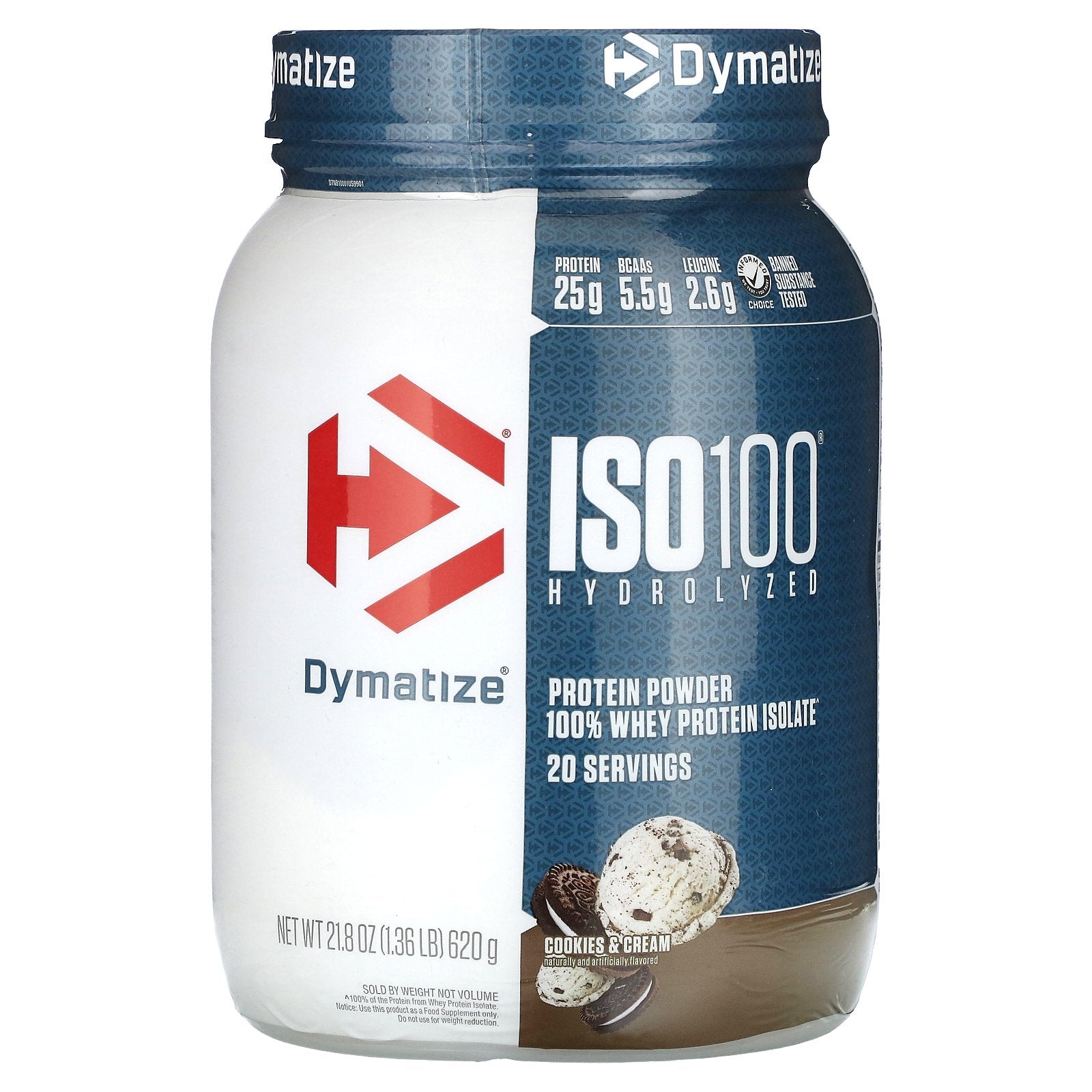 Dymatize, ISO100® Hydrolyzed, 100% Whey Protein Isolate, Cookies & Cream, 1.36 lb (620 g)