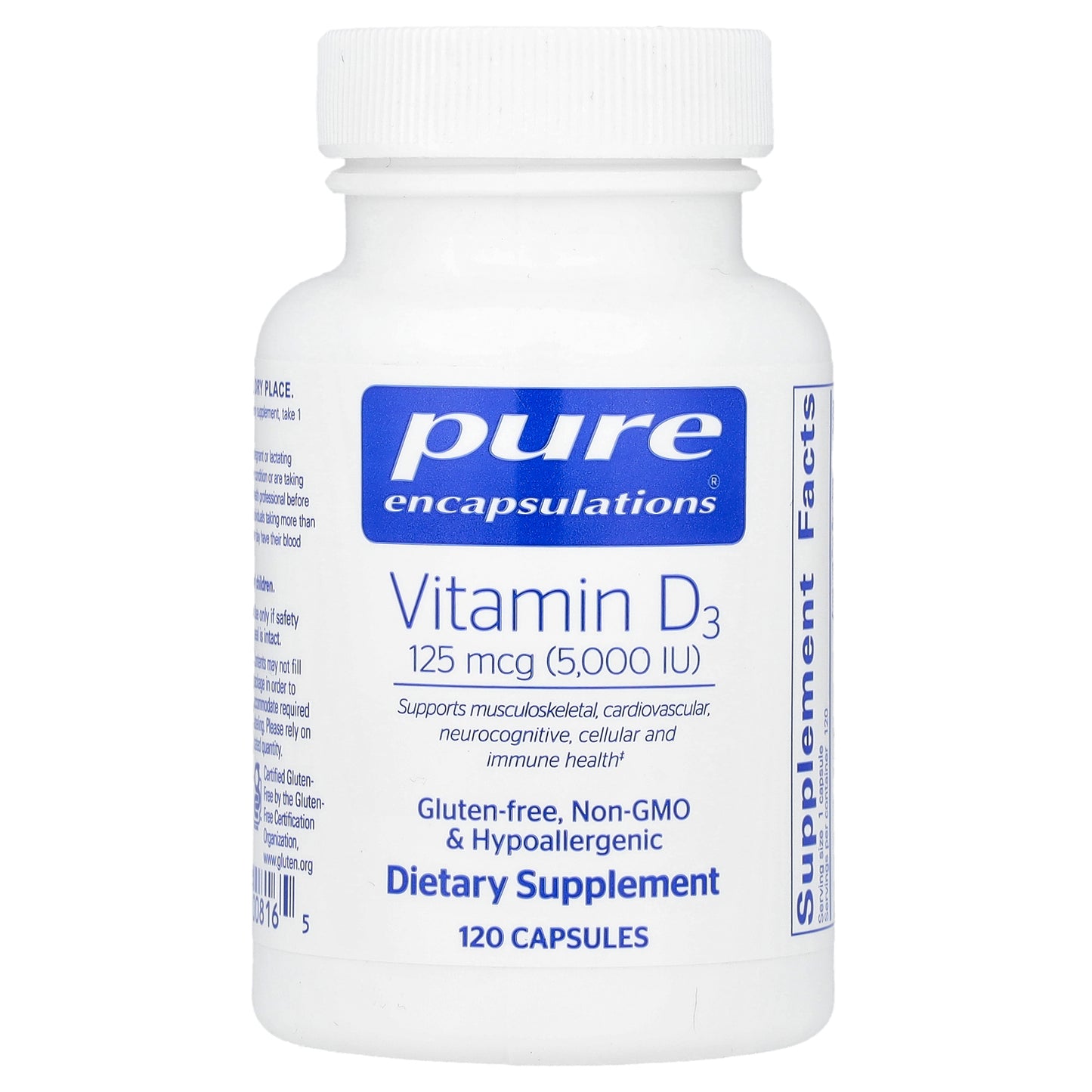 Pure Encapsulations, Vitamin D3, 125 mcg (5,000 IU), 120 Capsules