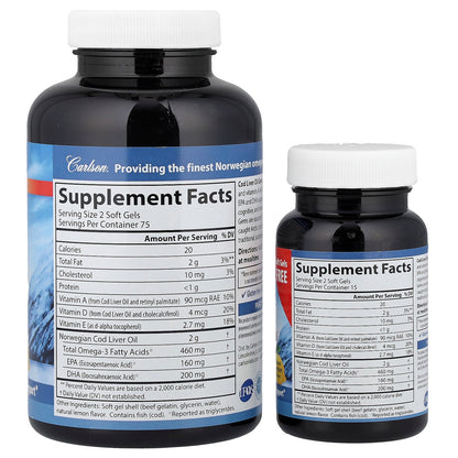 Carlson, Wild Norwegian, Cod Liver Oil Gems, Lemon, 150 + 30 Soft Gels