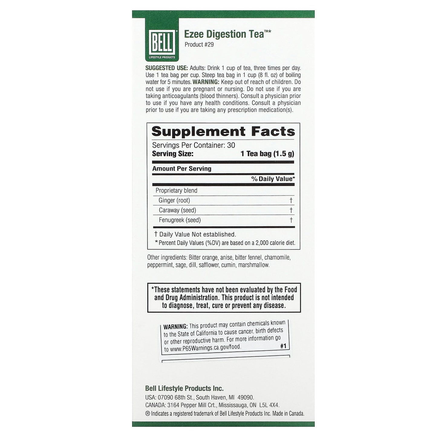 Bell Lifestyle, Ezee Digestion Tea™, 30 Tea Bags, 45 g