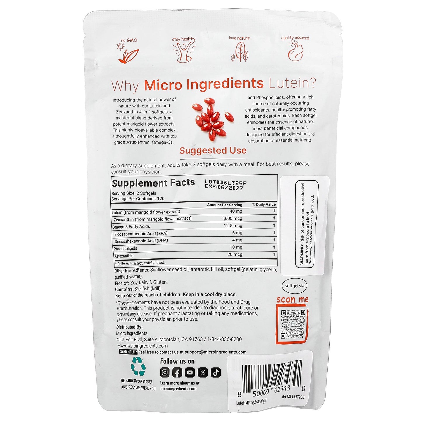 Micro Ingredients, Lutein With Zeaxanthin, 240 Softgels