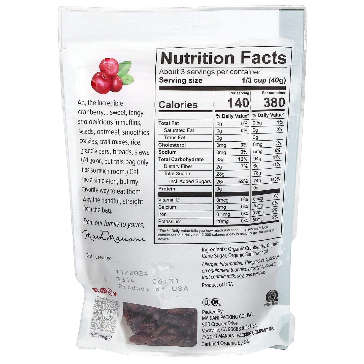 Mariani Dried Fruit, Organic Dried Cranberries, 4 oz (113 g)