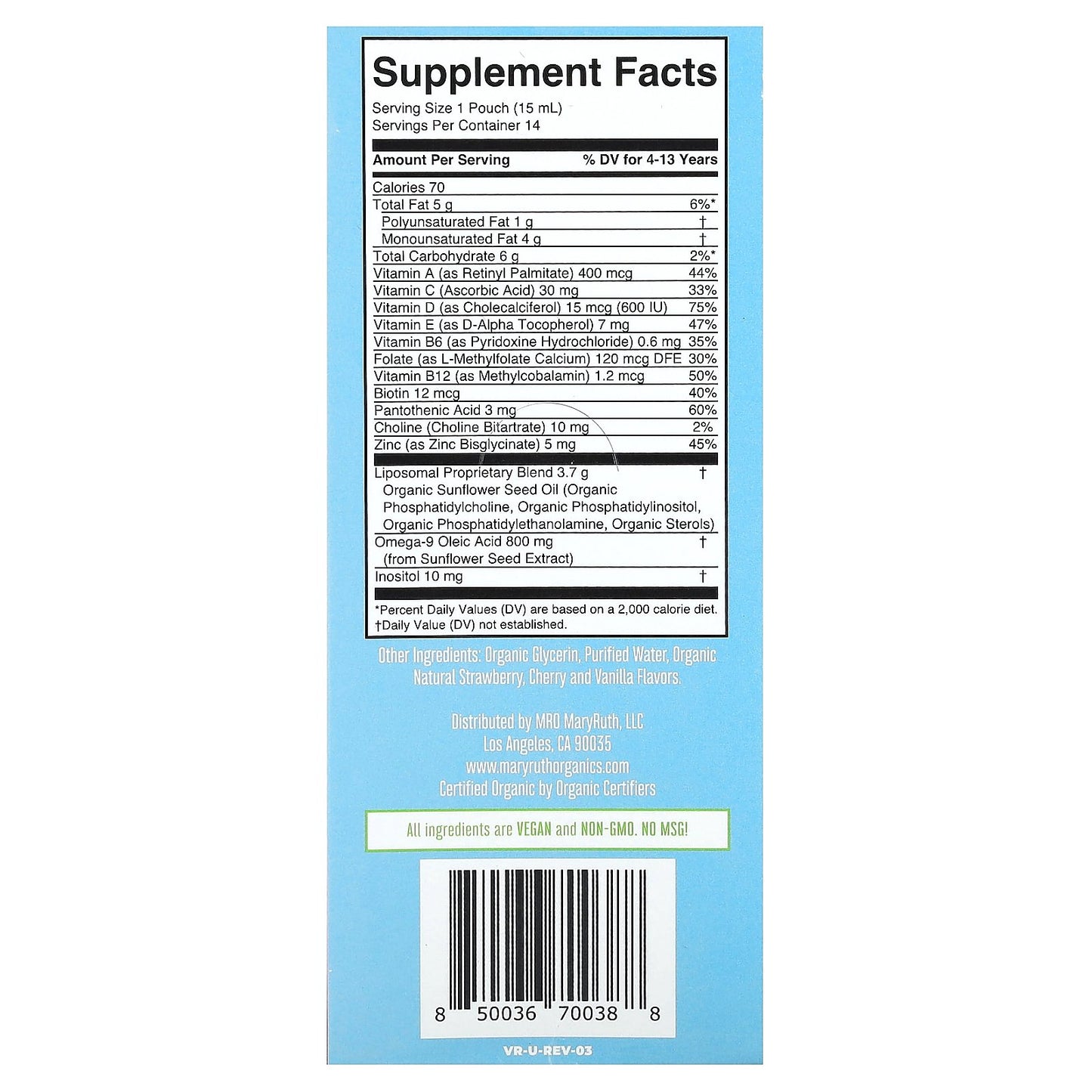 MaryRuth's, Organic Kids Multivitamin Liposomal, Ages 4-13 Years, Strawberry, Cherry, Vanilla, 14 Pouches, 0.5 fl oz (15 ml) Each