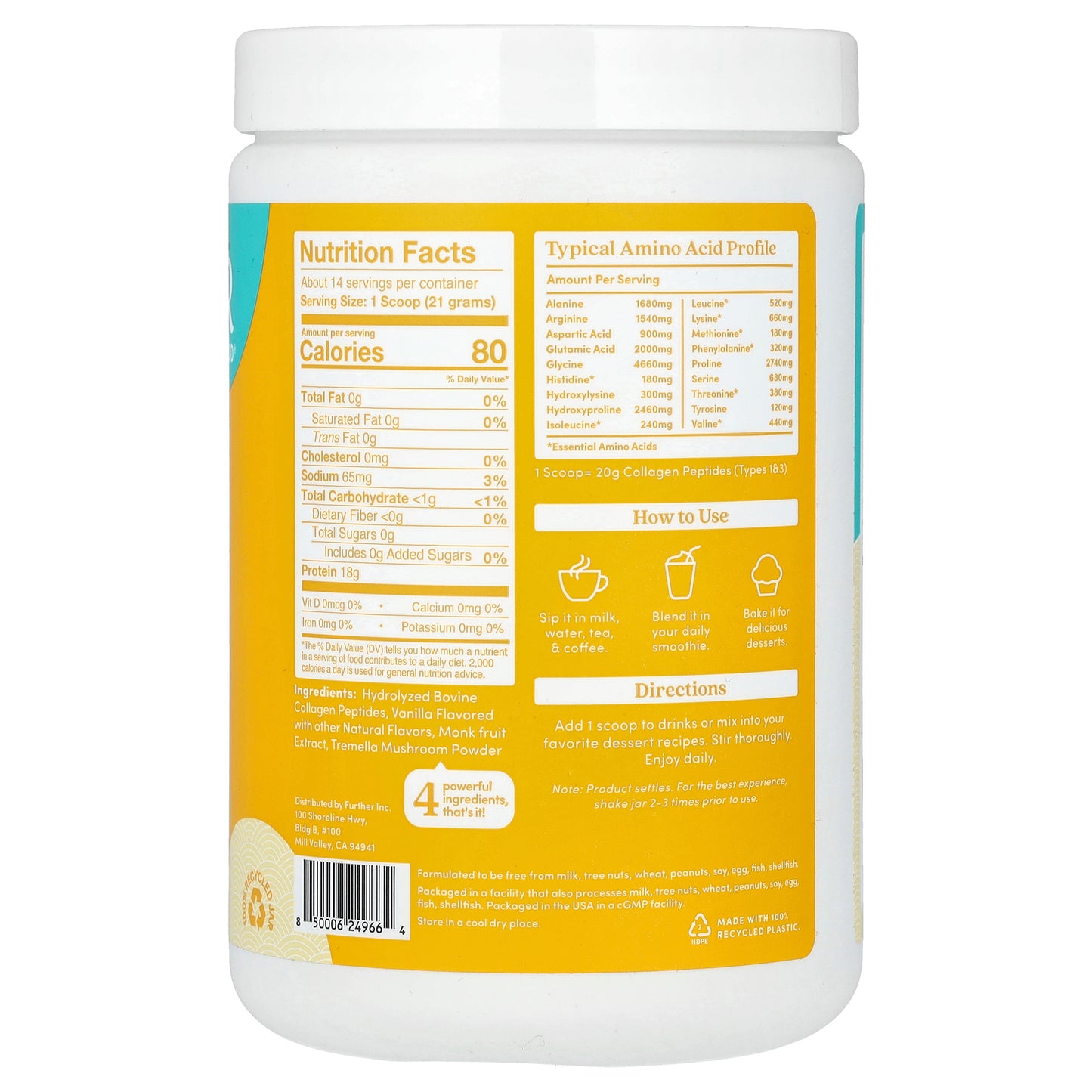 Further Food, Grass-Fed Collagen Peptides + Tremella Mushroom, Vanilla, 10.37 oz (294 g)