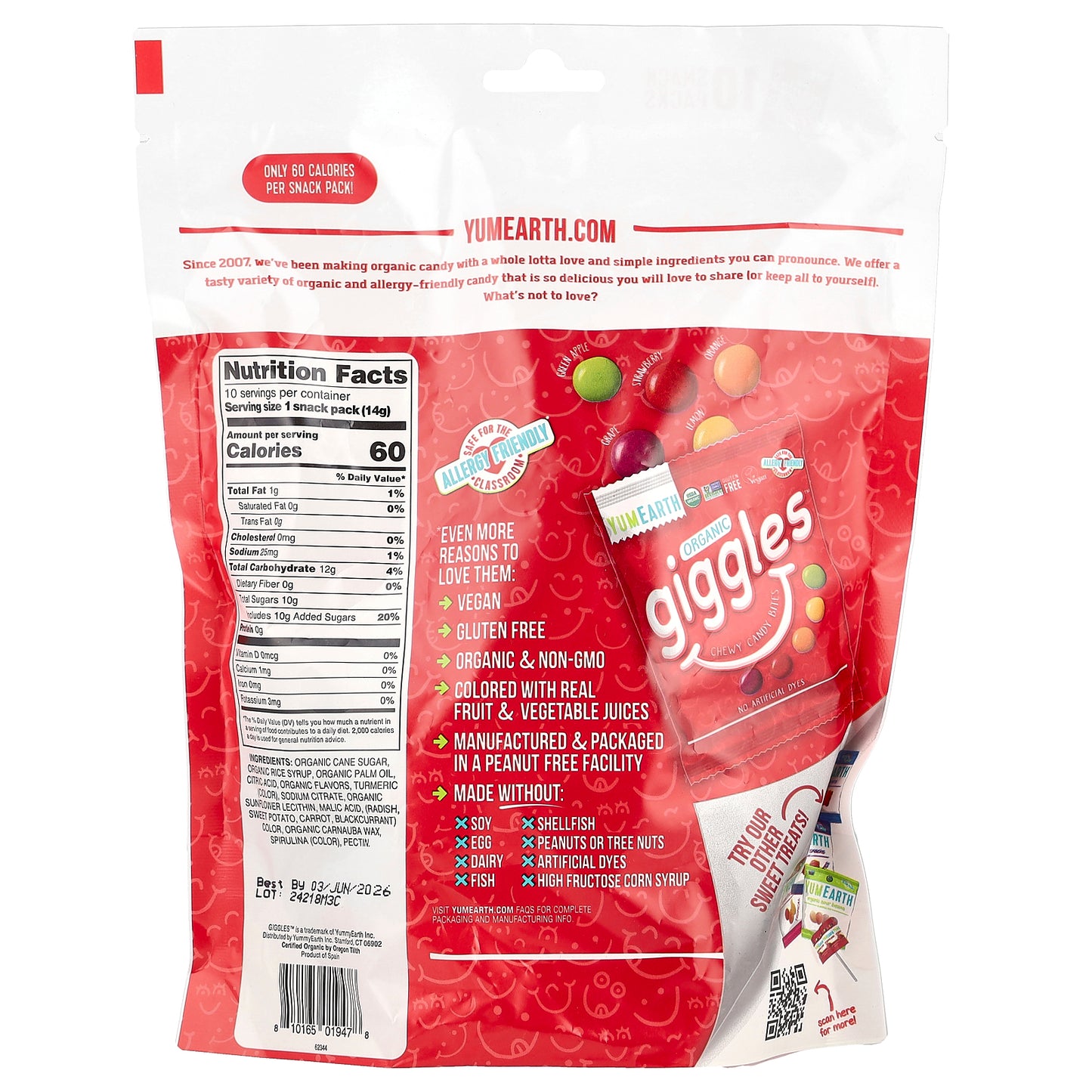 YumEarth, Organic Giggles, Chewy Candy Bites, 10 Snack Packs, 0.5 oz (14 g) Each